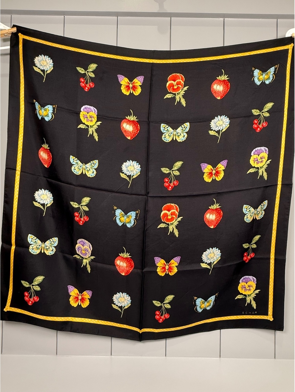 Vintage Echo Black Floral 100% Silk Scarf old money luxury